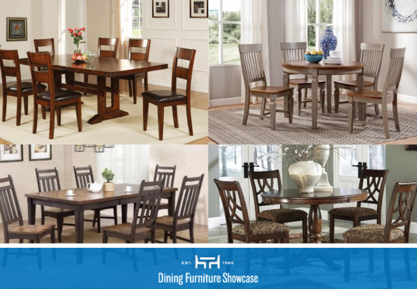 Photo collage of different dining table shapes, sizes and base types