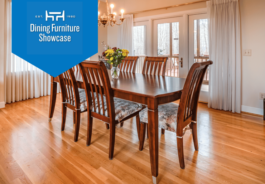 Dining Room Furniture Quality Dark wood table with 6 dining chairs in minimalist dining room with warm wood floors.