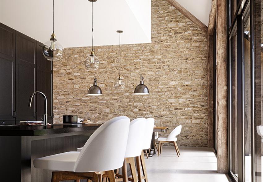 Stool in a lit kitchen area